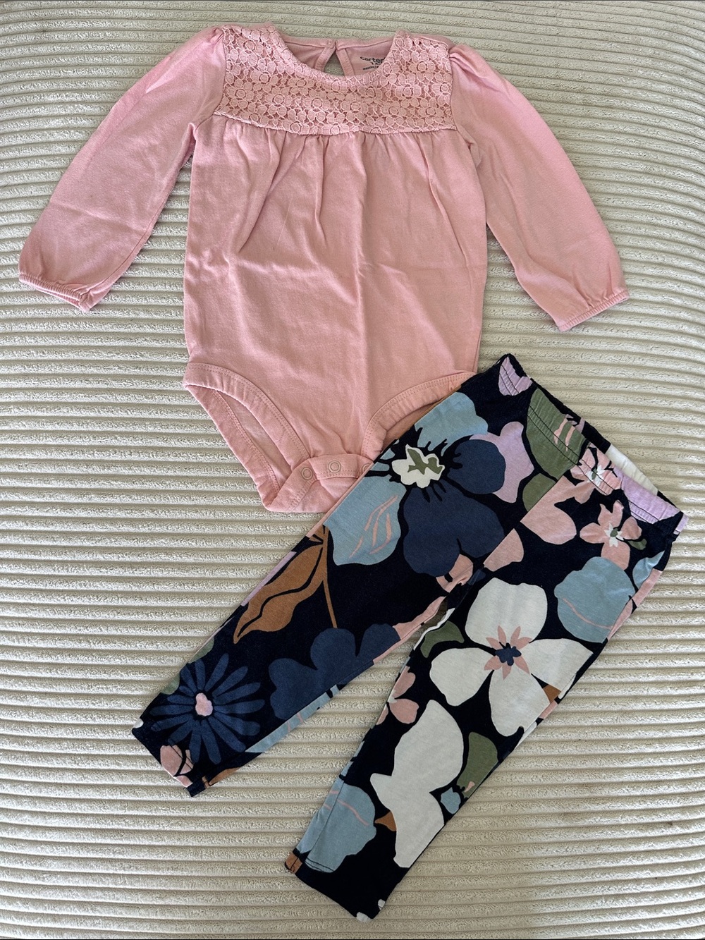 Carter’s Girls’Pink Lace Yoke Bodysuit & Floral Navy Leggings Set Size 12 M